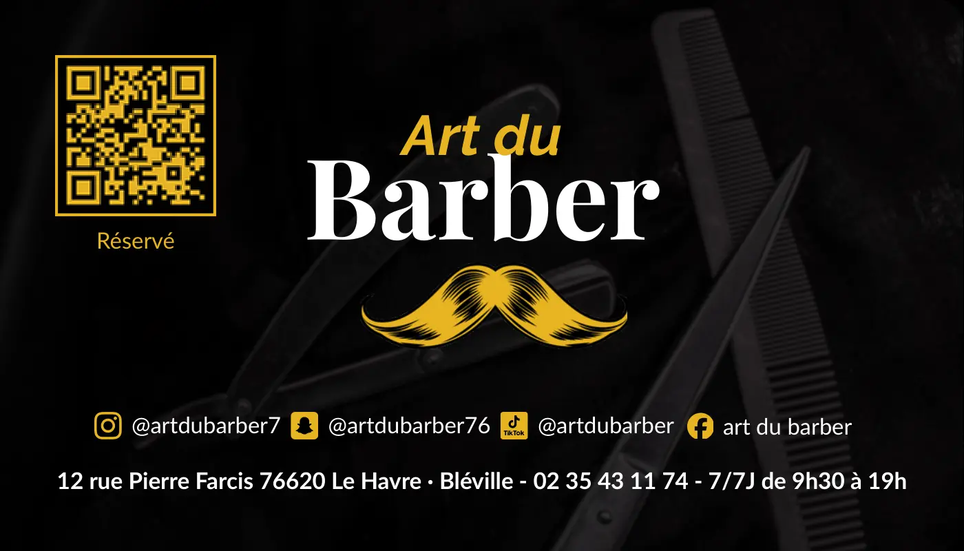 Recto de la carte Art du Barber : nom, moustache dorée, QR code et coordonnées